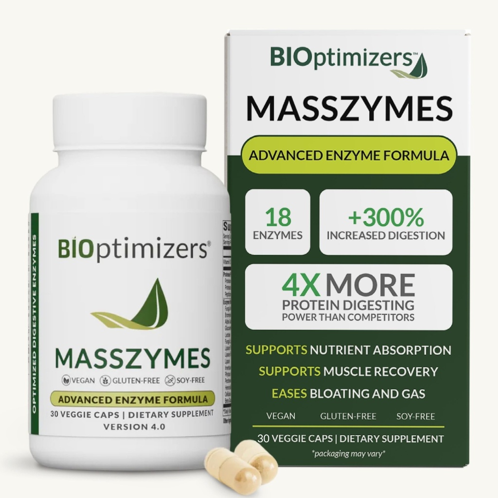 BIOptimizers MassZymes - Suplemento completo de Enzymes Digestivos para Gut Health - Bloating Relief for Men and Women - Lipase Amylase Bromelain Digestive Enzymes (30 Capsules)