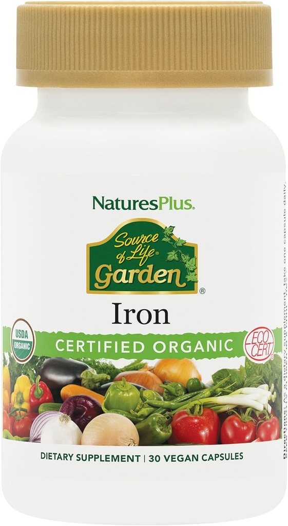 NaturesPlus Fuente de Life Garden Certified Organic Family Iron 18 mg Cap - 30 Vegan Capsules - Suplemento de Hierro Basado en Planta - Apoyo Sangre Saludable - Vegetariano, Libre de gluten - 30 Servimientos