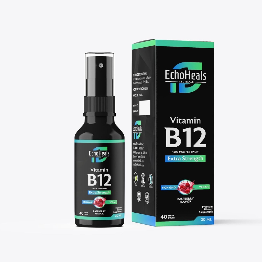 Vitamina B12 Líquido Spray tóxico Vitamina B12 para el Apoyo Energético Silencio Vegan Silencio No Gluten Libre Silencio 40 Sprays Silencio 1500 mcg per Spray  Raspberry Flavor  1 fl Oz