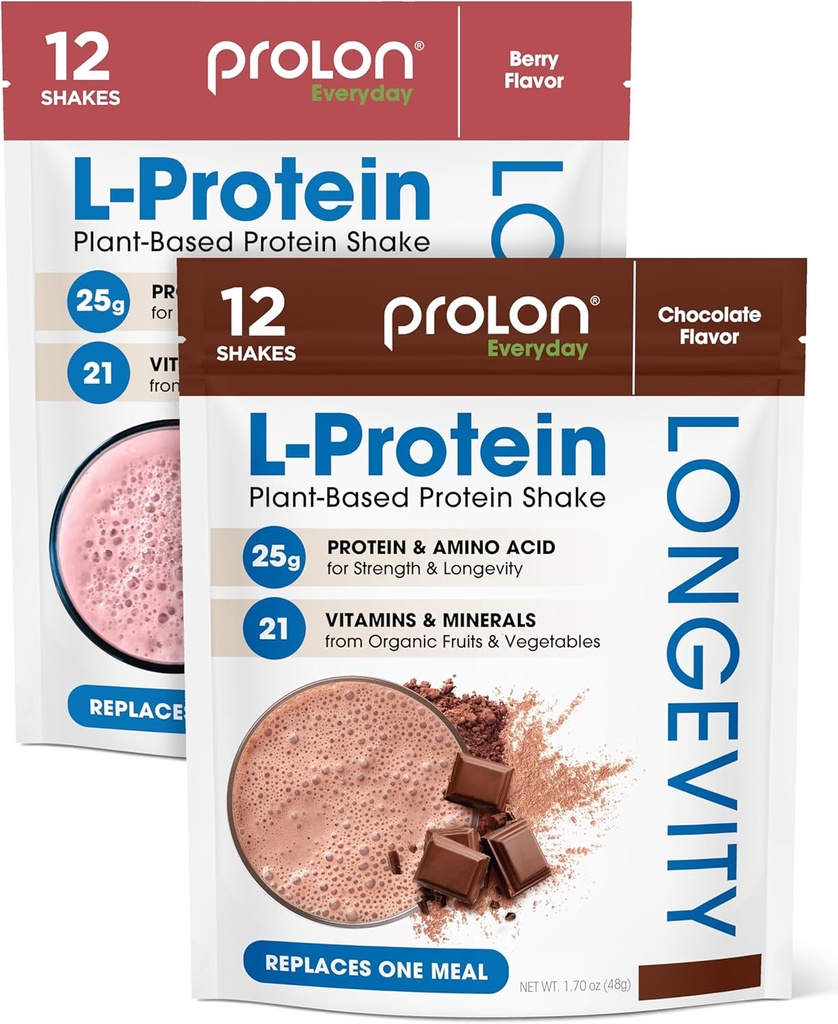 Prolon Longevity Plant Based Protein Powder ← Muscle Synthesis " Repair, Healthy Aging, Boost Performance ¦ Vitamins, Gluten Free, Amino Acids ← 25g of Protein  durable Chocolate and Berry, 24 Packets
