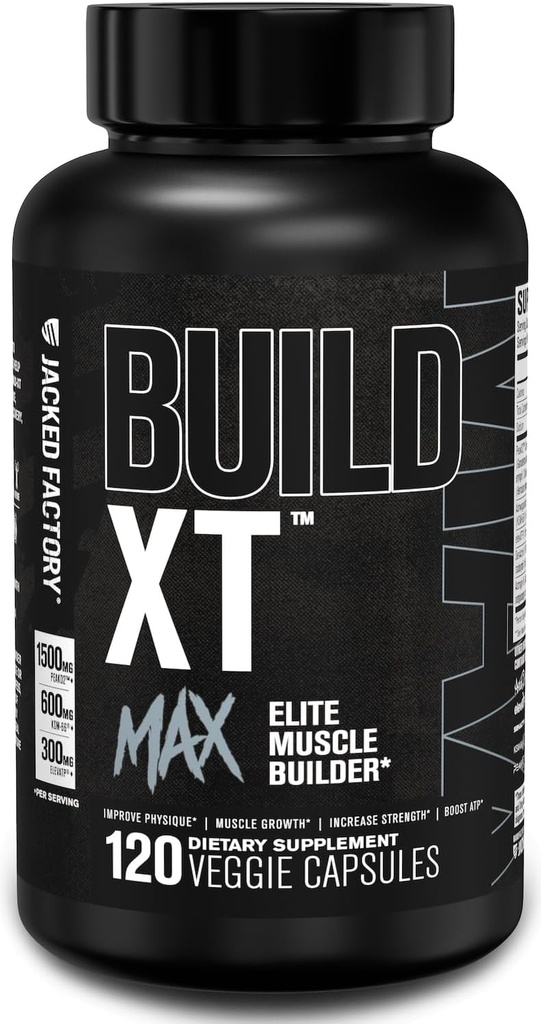 Jacked Factory Build-XT Max Muscle Builder para Hombres y Mujeres - ATP Suplemento con Peak02 Cordyceps, KSM-66 Ashwagandha, " ElevATP para la recuperación muscular, el crecimiento muscular, mayor resistencia - 120 Conde