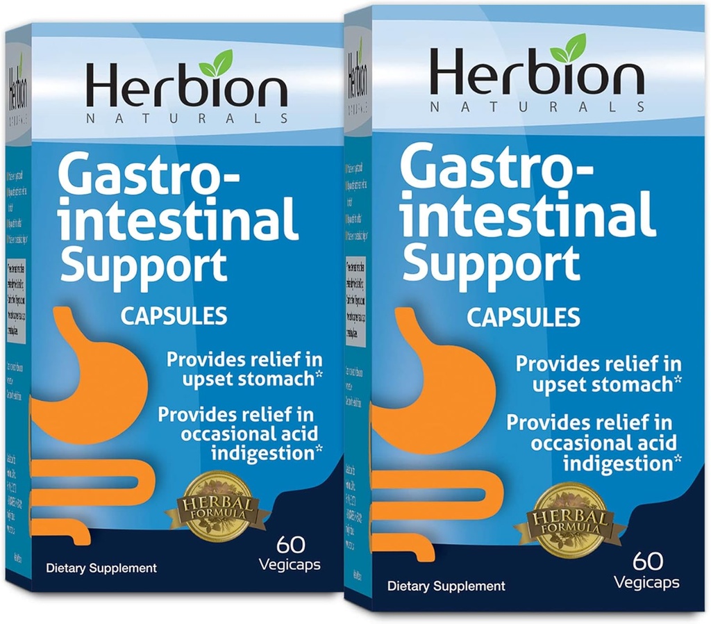 HERBION Naturals Gastrointestinal Support Herbal Blend for Upset Stomach Relief, Gastrointestinal Health and Function, Occasional Acid Indigestion, Healthy Intestinal Flora, 60 Vegicaps - Pack of 2
