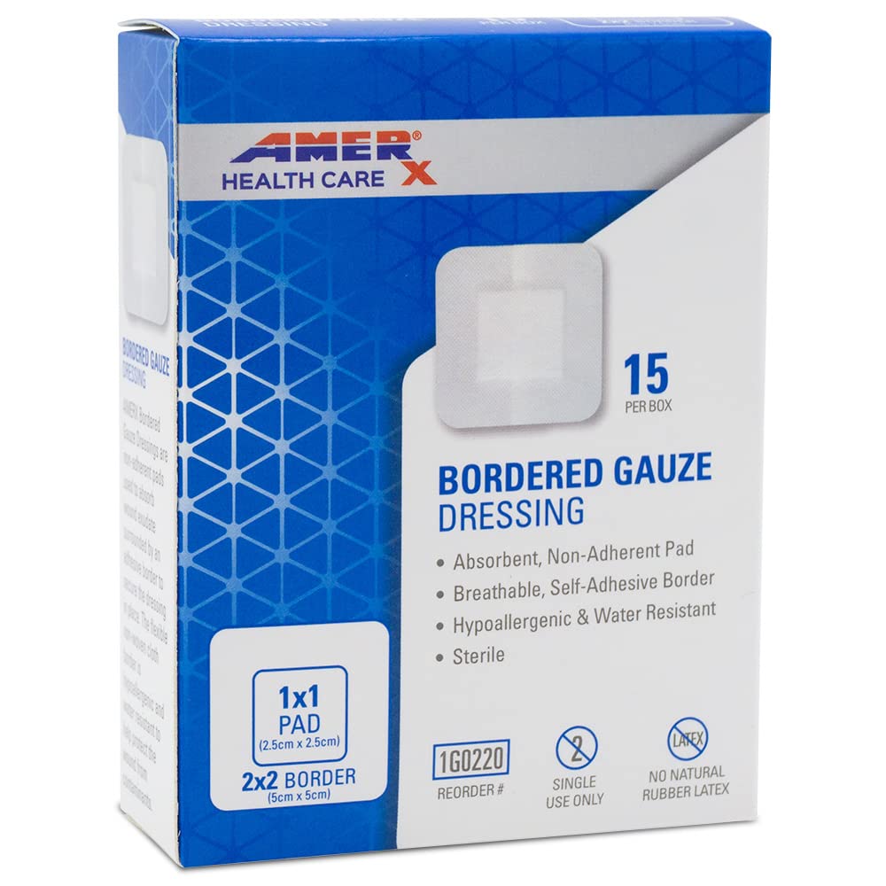 2" x 2" Dressing (1x1 Pad) AMERX Bordered Gauze - Adhesive Bandages - Water Resistant Barrier - Self Adhesive Border - Breathable, Hypoallergenic - 15 Pads Per Box
