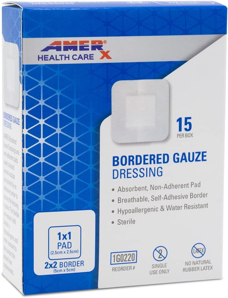 2" x 2" Vestir (1x1 Pad) AMERX Pulsera Fronteriza - Bandages adhesivos - Barrera resistente al agua - Frontera autoadhesiva - Respirable, hipoalergénico - 15 Pads Por Box