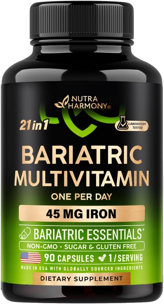 NUTRAHARMONY Bariatric Multivitamin - 45 mg Suplementos de Hierro - Hecho en EE.UU. - para Mujeres &amp; Hombre - Todas en uno, 21 Vitaminas Esenciales - Soporte de mangas gástricas - Ligero sabor tropical - 90 cápsulas