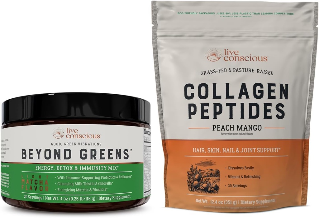 Conscious Beyond Greens & Collagen Peptides Peach Mango permanente Café Mushroom Alternativa baja cafeína + pelo, piel, uñas y soporte conjunto