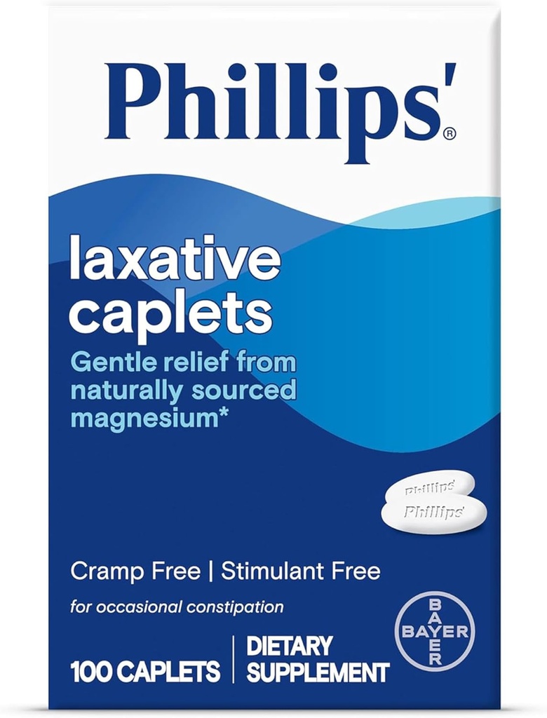 Las cápsulas laxantes de Phillips, con suplemento de magnesio natural para el alivio suave del estreñimiento ocasional, calambres y estimulantes laxantes libres, 100 cápsulas