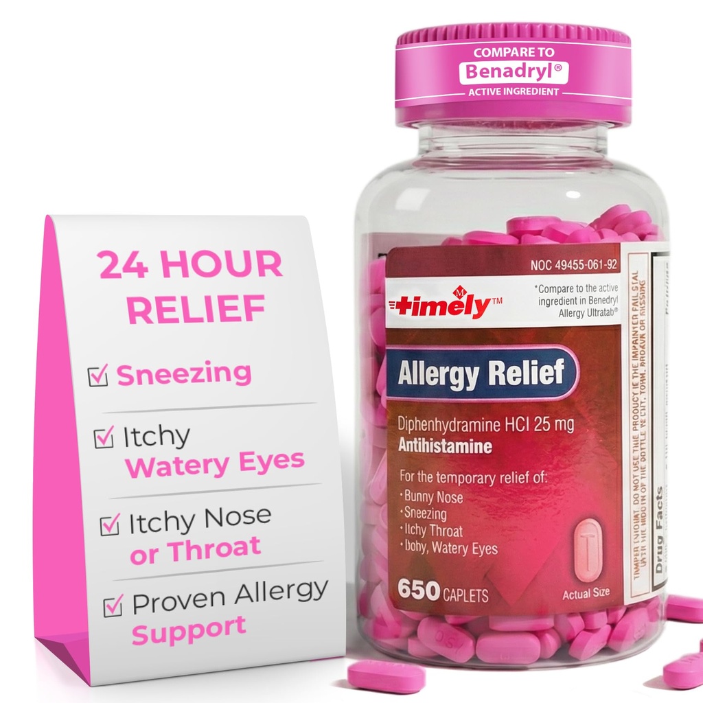 Alivio de la alergia Diphenhydramine HCl 25 mg - 650 cápsulas - Comparado con Benadryl Allergy Ultratab - Antihistamine - Medicación de la alergia - Alivio de la nariz de rubí para adultos - Tratamiento de los ojos de agua