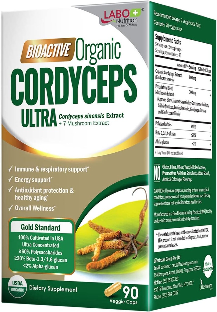 LABO Nutrition Bioactive Organic Cordyceps Ultra – 8 Mushroom Extract Supplement, Cordyceps, Reishi, Turquía Tail, Maitake, Agaricus blazei, Shiitake, for Immunity, Energy, Stamina, No Fillers