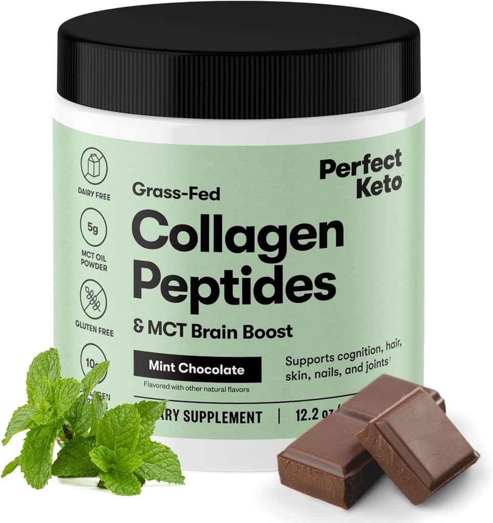 Perfect Keto Collagen Protein Powder con MCT Oil - Grasfed, GF, Multi Suplemento, Mejor para las dietas Ketogénicas, Usar como Keto Creamer, en Café y Shakes para Hombres Mujer (Mint Chocolate)
