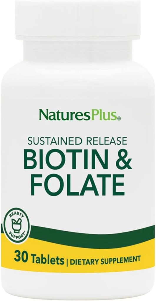Natures Plus Biotin " Folic Acid (Methylfolate), Sustained Release - 30 Tablets Vegetarianos - Vitamina B7 " Vitamina B9, apoya el crecimiento del cabello, el auge energético, la vitamina prenatal - libre de gluten - 30