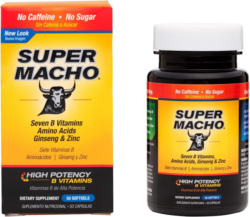 Suplemento dietético Super Macho con Zinc de alta potencia " 7 B Vitaminas, sin conservantes, azúcar o cafeína, hecho en EE.UU., 50 Softgels (1 Pack)