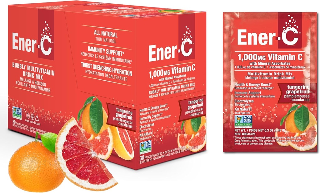 Ener-C Tangerine &amp; Grapefruit Multivitamin Drink Mix, 1000mg Vitamin C, Non-GMO, Vegan, Real Fruit Juice Powders, Natural Immunity Support, Electrolytes, Gluten Free, 1-Pack of 30