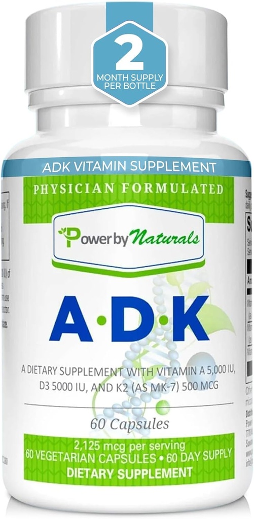 Power By Naturals ADK Vitamin Supplement - High Potency Blend of VIT A D3 K2 Vitamin 5000 iu - Support Bone, Heart & Immune Health - 60 cápsulas (2 Month Supply)