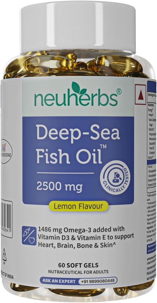 Neuherbs Deep Sea Fish Oil (60 Softgels) Omega 3 Suplemento Triple Strength 2500 Mg para el músculo, las articulaciones, el corazón y el apoyo cognitivo Silencio No Fishy Burps with Lemon Flavour for Men &amp; Women TEN (Pack of 1)