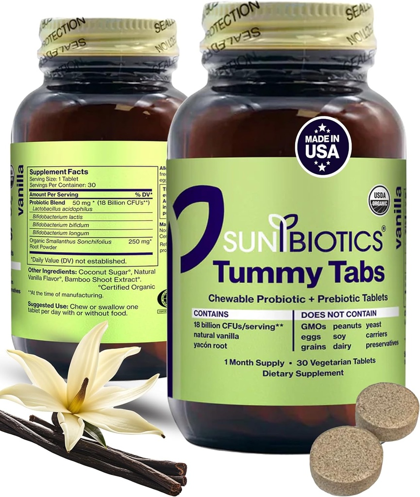 SUNBIOTICS Tummy Tabs - Chewable Probiótico y Tabletas Prebióticas con 18 Billones CFUs de 4 Strains Probióticos para Buena Gut Flora, Immune System, & Balanced Microbiome - Vanilla, (Pack of 1)