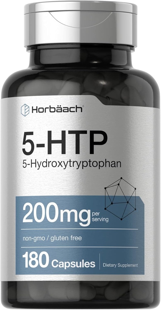 Horbäach 5HTP 200mg Suplemento TEN 180 Capsules TENIDO 5 Hydroxytryptophan TEN Griffonia Simplicifolia TEN Extra Strength ANTE Non-GMO, Gluten Free