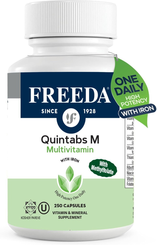 FREEDA Multivitamin One Daily – Quintabs-M with Iron – Kosher Multi Vitamins Supplements for Women Health - Multivitamins for Women & Iron-Deficient Men Adult Vitamins Multivitamin (250)