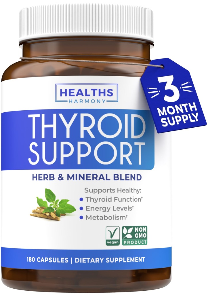 Soporte de tiroides con yodo - 180 cápsulas (No-GMO) Mejora tu energía - Ashwagandha Root, Zinc, Selenium, Complejo de vitamina B12 - Suplemento de salud tiroidea para mujeres y para hombres - 90 días de suministro