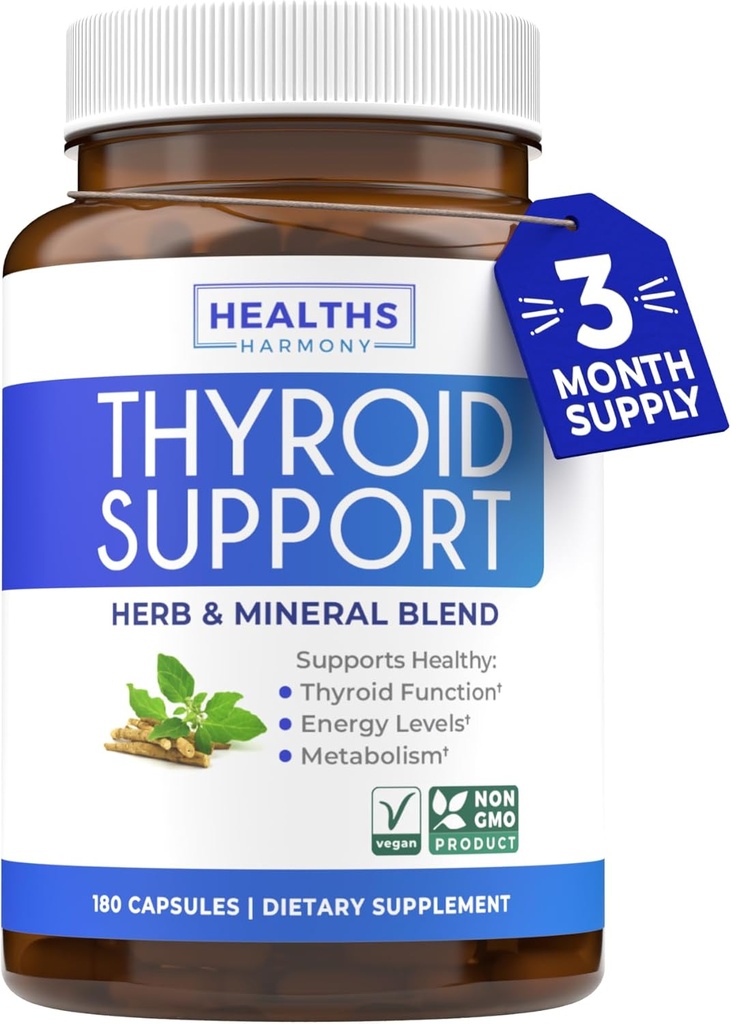 Soporte de tiroides con yodo - 180 cápsulas (No-GMO) Mejora tu energía - Ashwagandha Root, Zinc, Selenium, Complejo de vitamina B12 - Suplemento de salud tiroidea para mujeres y para hombres - 90 días de suministro