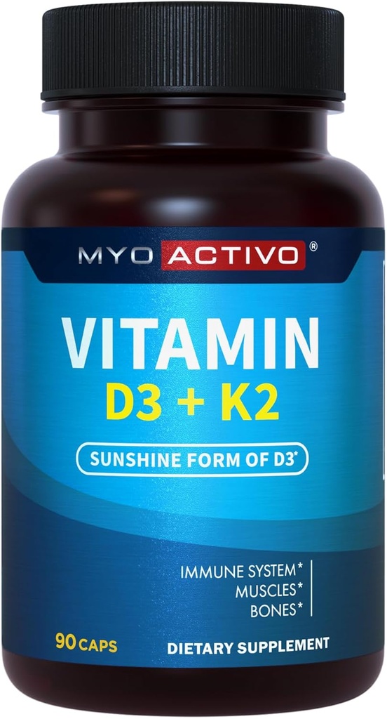Vitamina D3 K2 Suplemento 5000 UI & 200 mcg - Absorción alta D3, Patented MK7 &amp; MK4, Heart Health, Immune Support, 90 Vegetarian Capsules