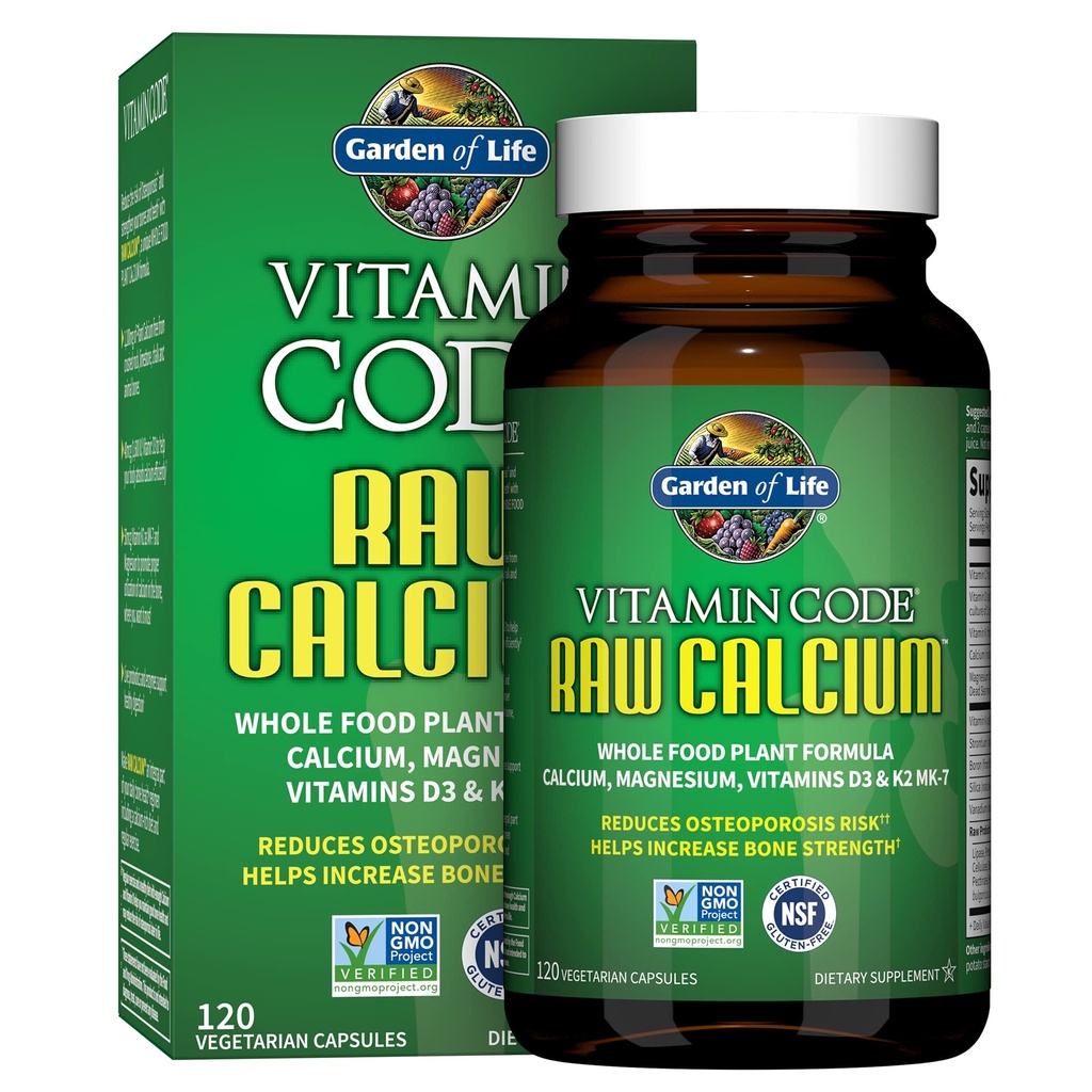 Jardín de vida Suplemento de calcio crudo para mujeres y hombres - Código de vitaminas elaborado con alimentos integrales con magnesio, K2, vitamina D3 y vitamina C más Probióticos para la digestión, 120 cápsulas