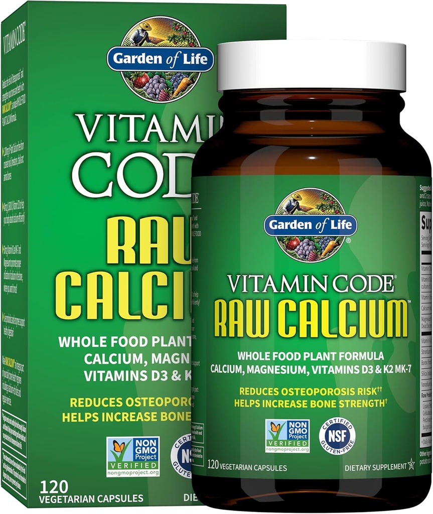 Jardín de vida Suplemento de calcio crudo para mujeres y hombres - Código de vitaminas elaborado con alimentos integrales con magnesio, K2, vitamina D3 y vitamina C más Probióticos para la digestión, 120 cápsulas