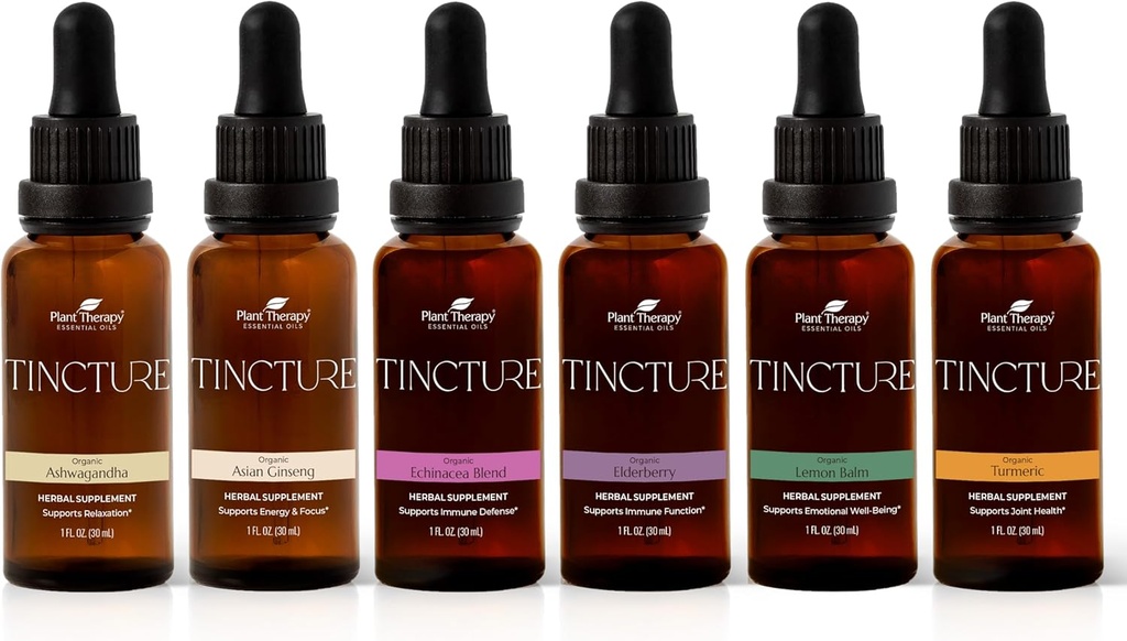 Terapia de plantas Orgánica Tinturas Principiante Set 30 mL Cada una de Ashwagandha orgánica, Ginseng asiático, Echinacea Blend, Elderberry, Lemon Balm &amp; Turmeric