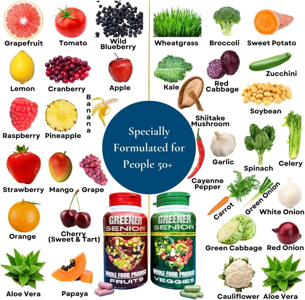 Suplemento completo de frutas y verduras - Formulado para adultos mayores para Max Absorption - 90 cápsulas de frutas y 90 cápsulas de verduras - 1 juego