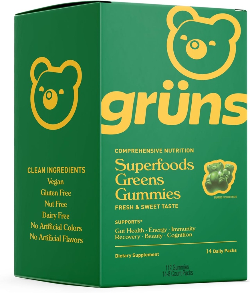 Gruns Super Greens Gummy Bears - Organic Spirulina and Chlorella, Prebiotics for Digestive Health, 20+ Vitamins and Minerals - 14 sachets - 112 Gummies