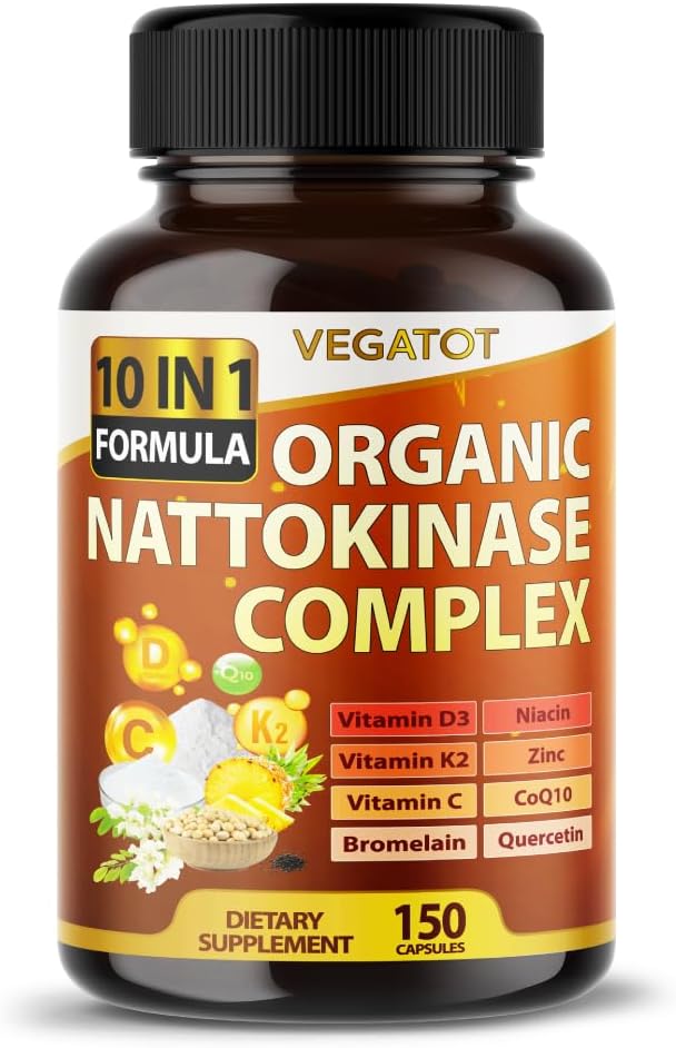 Complejo de Nattokinasa Orgánica VEGATOT - 10IN1 Fórmula Vitamina D3, Niacina, Vitamina K2, Zinc, CoQ10, Quercetina - Hecha en Estados Unidos (150 Cuenta (Pack of 1))
