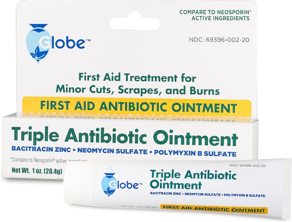 Globe Triple Antibiótico Ointment de primeros auxilios, 1 Oz. ← Protección de infecciones de 24 horas, Tratamiento para las garrapatas menores, quemaduras y cortes ¦ (1 Tube)