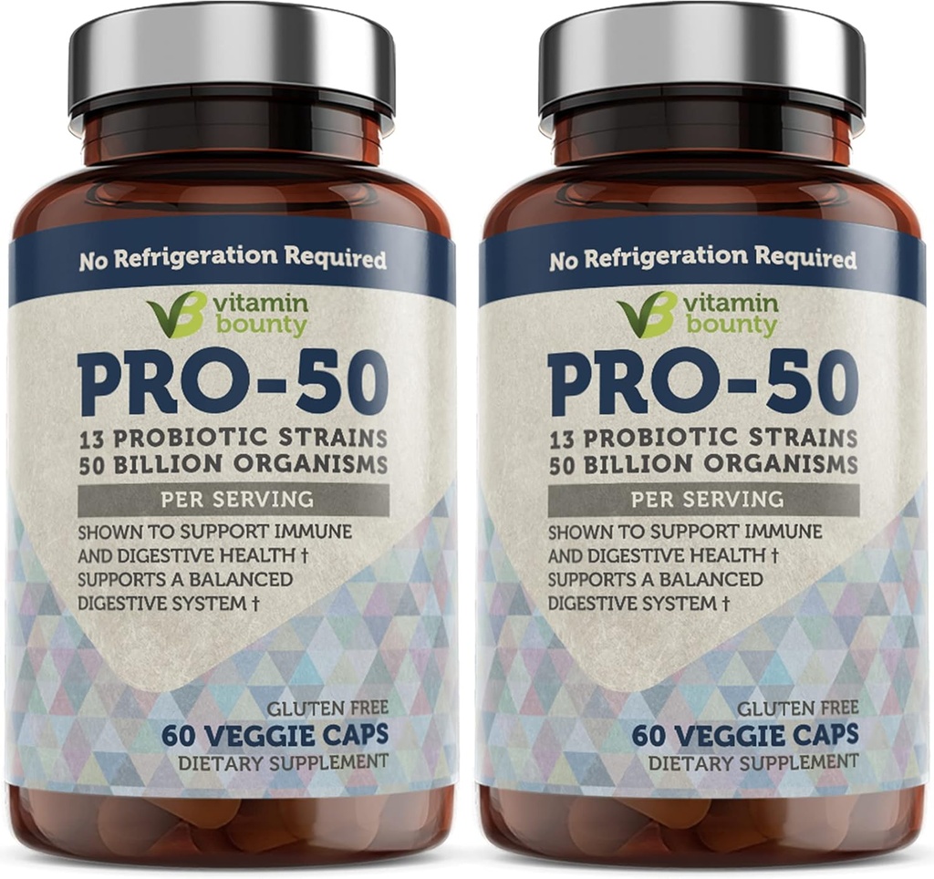 Vitamina Bounty Pro-50 Probiótico 50 Billones CFU - 13 Suplemento de Strain para Hombres y Mujeres + Prebióticos - Salud Digestiva " Gut Support - Lactobacillus " Bifidobacterium - Delayed Release Capsules, 2 Pack