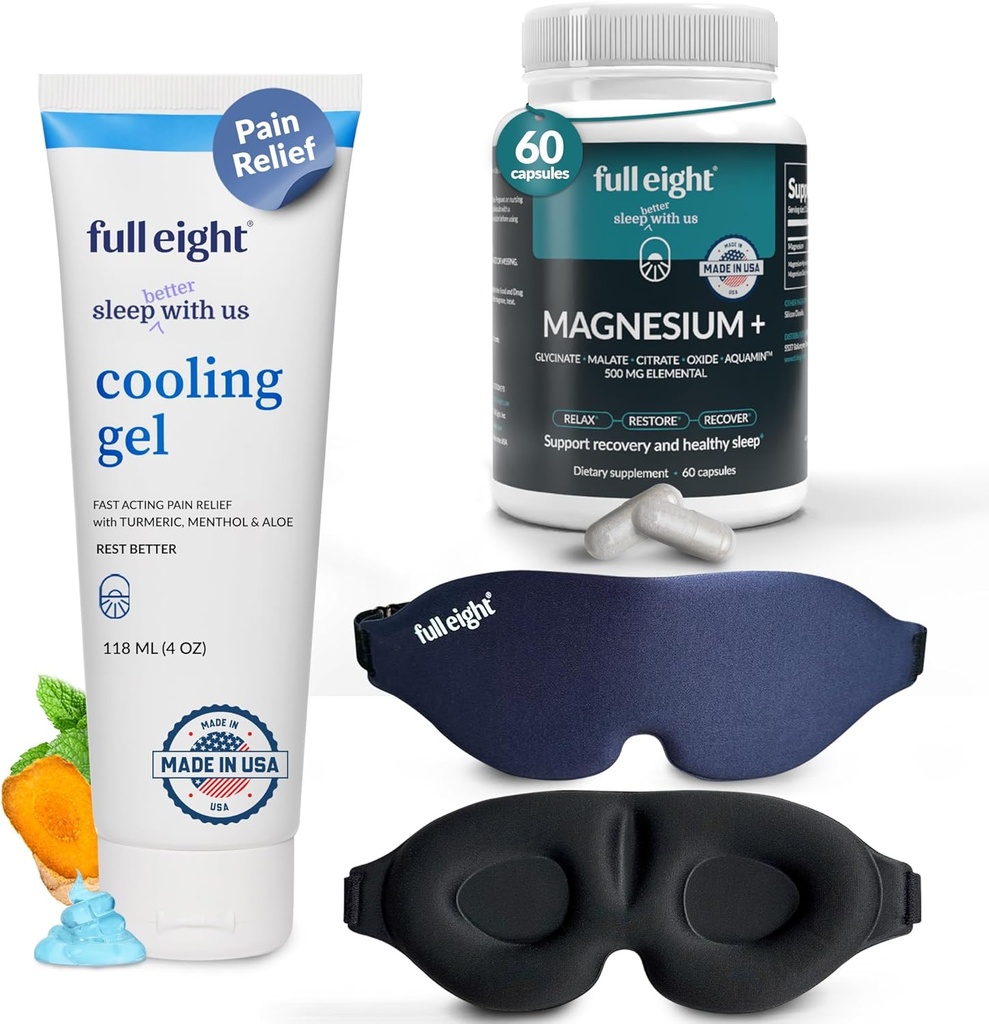 Dormir &amp; Comfort: Magnesium + 500 MG para el sueño profundo 60 cápsulas, rápido acción enfriamiento de gel para calmante Comfort 4 oz &amp; 3D luz bloqueando la máscara de sueño Una sola talla