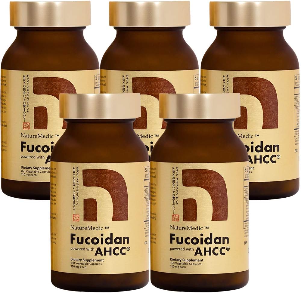 Fucoidan alimentado con AHCC® Brown Seaweed Immunity Supplement with High Purity Organic Mekabu Mozuku Agaricus 5 Botellas - 800 cápsulas vegetales Hecho en Japón