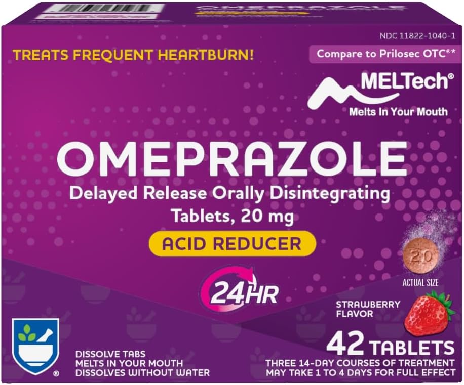 Rite Aid Omeprazole Delayed Release Orally Disintegrating Tablets, Strawberry Flavor, 20 mg – 42 Conde, Acid Reducer y Heartburn Relief