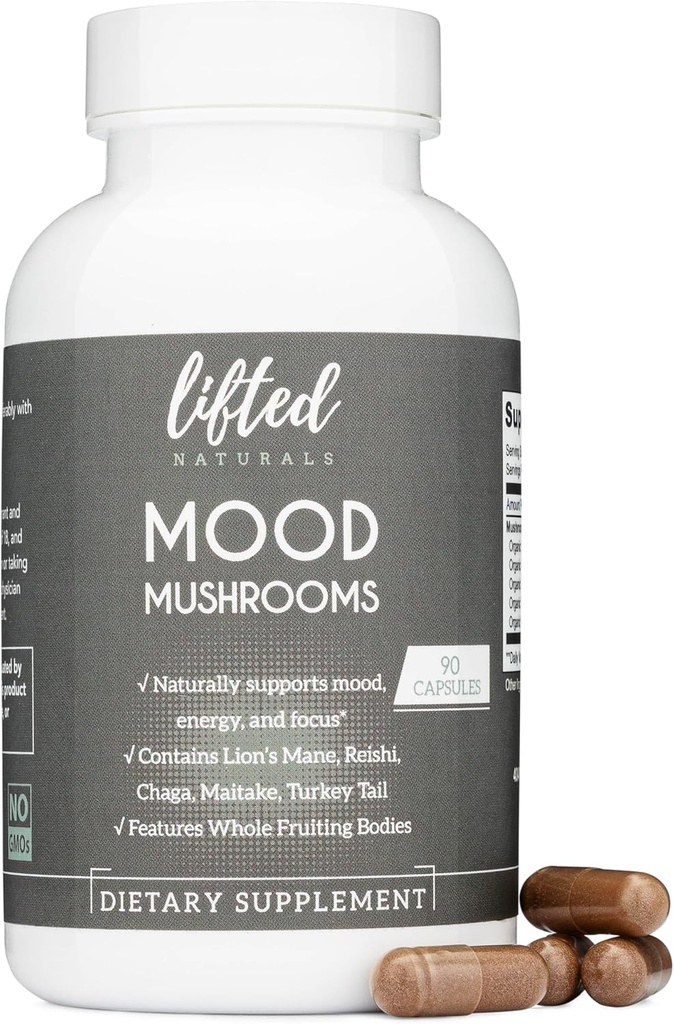 Mood Mushrooms - Elevado suplemento de hongos - Lion's Mane, Reishi, Chaga, Turquía Tail, Maitake - Energía, Focus, Stress Relief