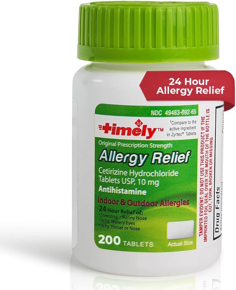 Lágrimas de hora, INC. Temporadamente Cetirizine HCl 10 Mg 200 Tabletas - 24 horas Alivio de la alergia desde Sneezing, Runny Nose, Itchy Watery Eyes, Itchy Throat, Nose - Indoor y Alergia al aire libre Medicince