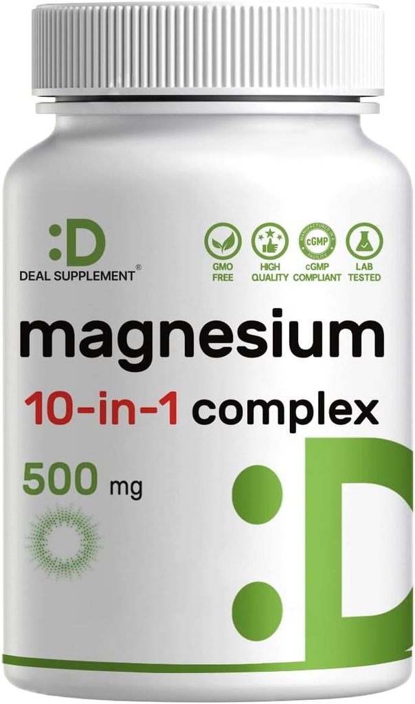 Complejo de magnesio 500mg, 240 cápsulas vegetales ← 10-in-1 Glycinate, Citrate, Malate, &amp; More ← 100% Chelated for Easy Absorption ← Suplemento Mineral Esencial para el Musculo, el sueño, la salud cardíaca*