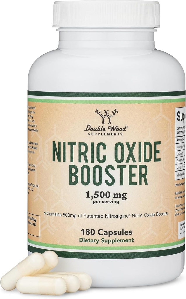 Nitric Oxide Supplement (Stim Free Pre Workout) - Nitric Oxide Booster con Nitrosigine, L Arginine y L Citrulline (Clinically Studied to Boost No2 Nitric Oxide Flow) 180 Capsules by Double Wood