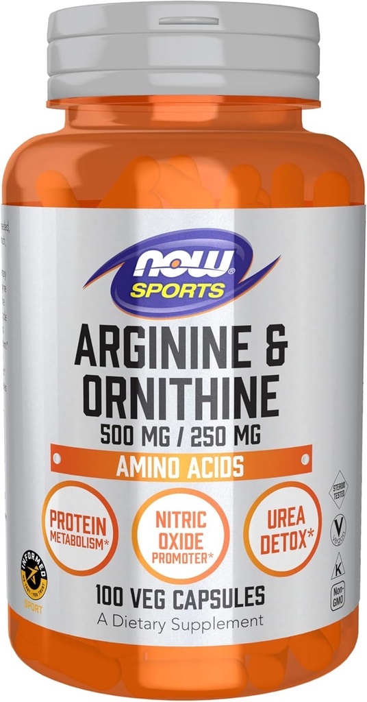 AHORA Nutrición Deportiva, Arginina & Ornitina 500/250 mg, Aminoácidos, 100 cápsulas Veg