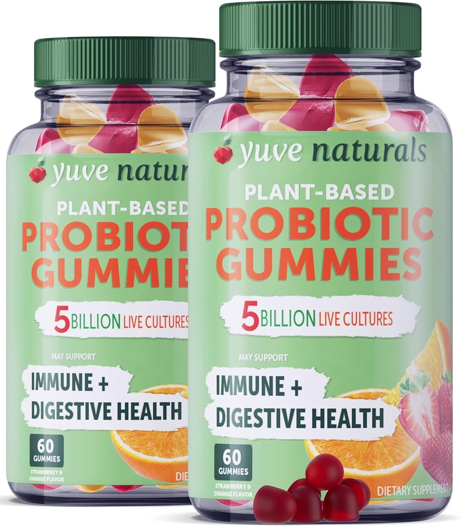 Yuve Vegan Probiotic Gummies, Probiotics for Women &amp; Hombres, Probióticos de goma sin gluten, Digestivo &amp; Immune Support, 5 Billion CFU, Ayuda con estreñimiento, Bloating & Leaky Gut - 60ct (2 Pack)