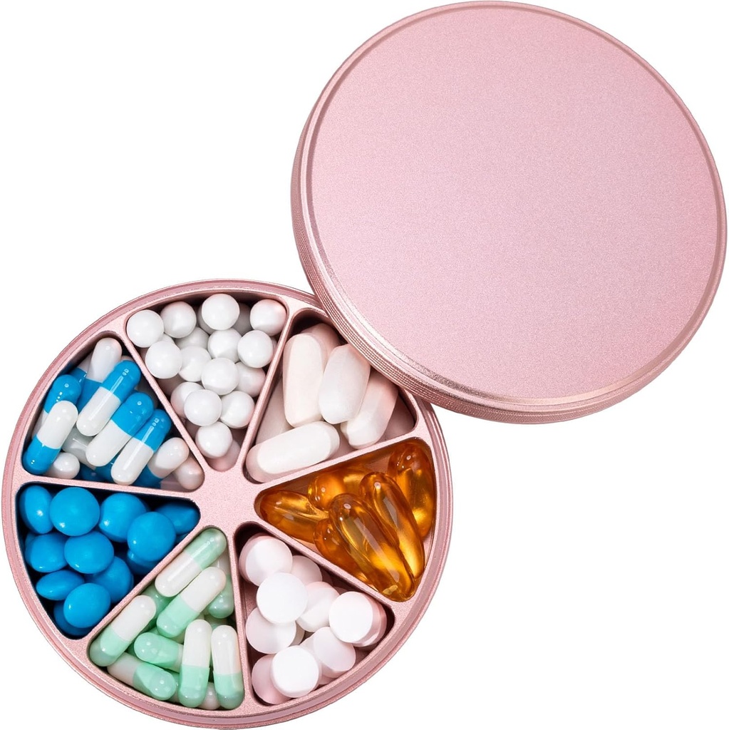 Organizador de píldoras metálicas 7 Compartimientos Pill Dispenser - Caja de carga resistente al agua Container Gran Caja de píldoras diarias Mantenedor de medicina para medicamentos Vitaminas Aceites de pescado Suplementos, 0.39lb (Pink)