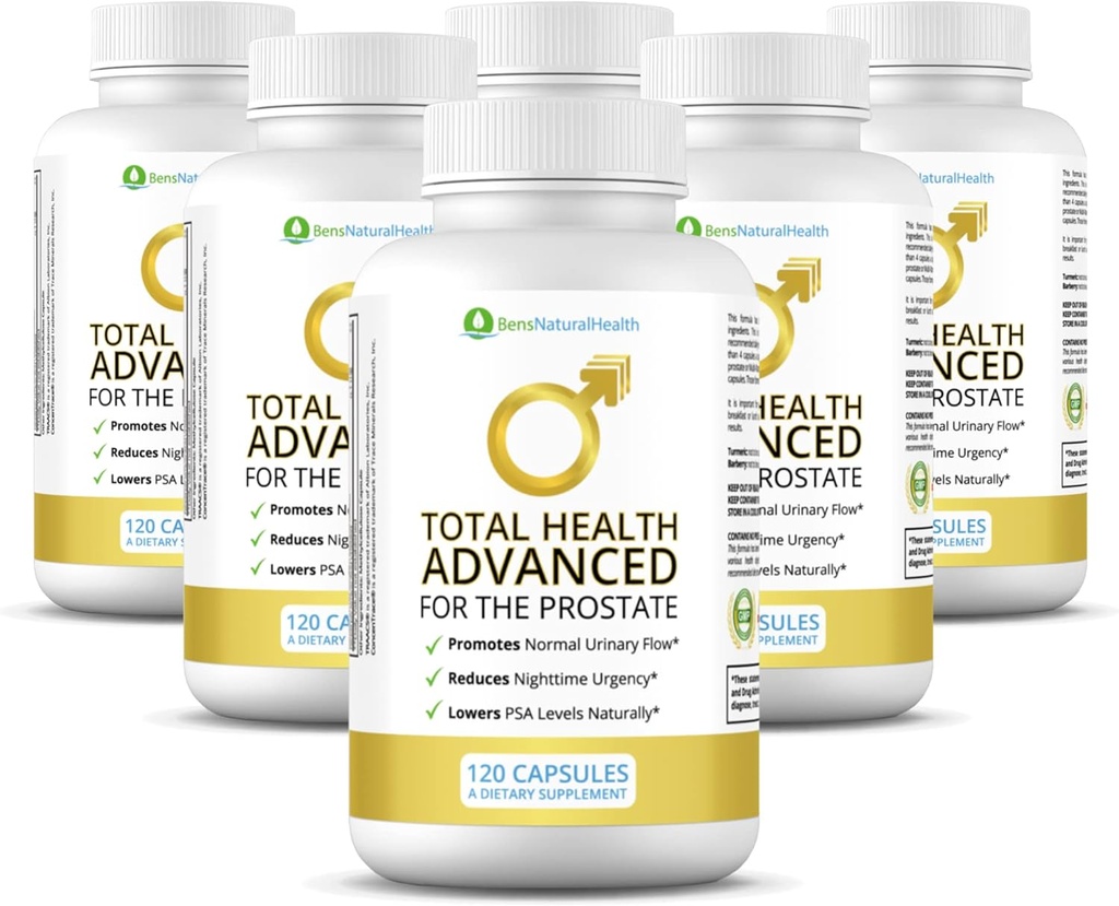 Ben's Natural Health Total Health Advanced, Prostate Support Supplement with 29 Ingredients Beta‐Sitosterol, Vitaminas C, D, E, Zinc, Pygeum, Turmeric, Holy Basil, 900 Capsules, 6 Pack