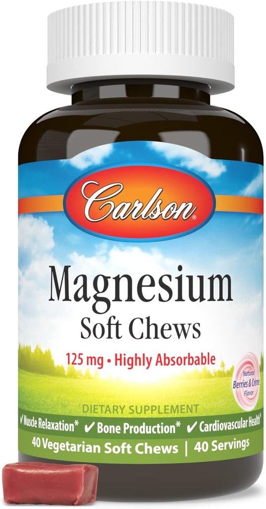 Carlson Magnesium Soft Chews 125 mg Relajación muscular altamente absorbible " Salud general - Berries " Creme Flavor - 40 Vegetarian Soft Chews