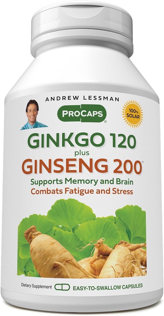 ANDREW LESSMAN Ginkgo 120 Plus Ginseng 200mg - 30 Capsules - Standardized Extract Blend to Support Brain, Memory and Cognitive Function. Adaptógeno, Combate Estrés y Fatiga. No hay aditivos