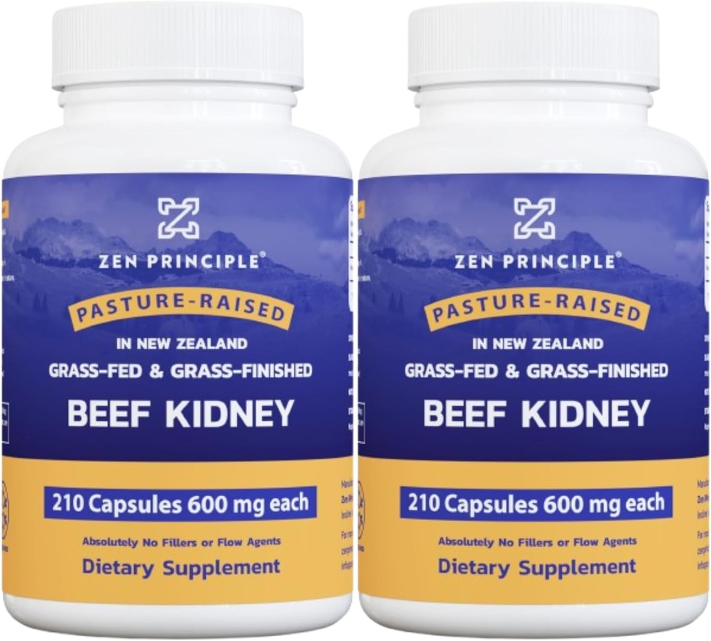 Zen Principle Grass Fed Beef Kidney Supplement, 420 Capsules, 3000mg. DAO Enzyme for Histamine Health. Selenium y B12 para soporte de tiroides.