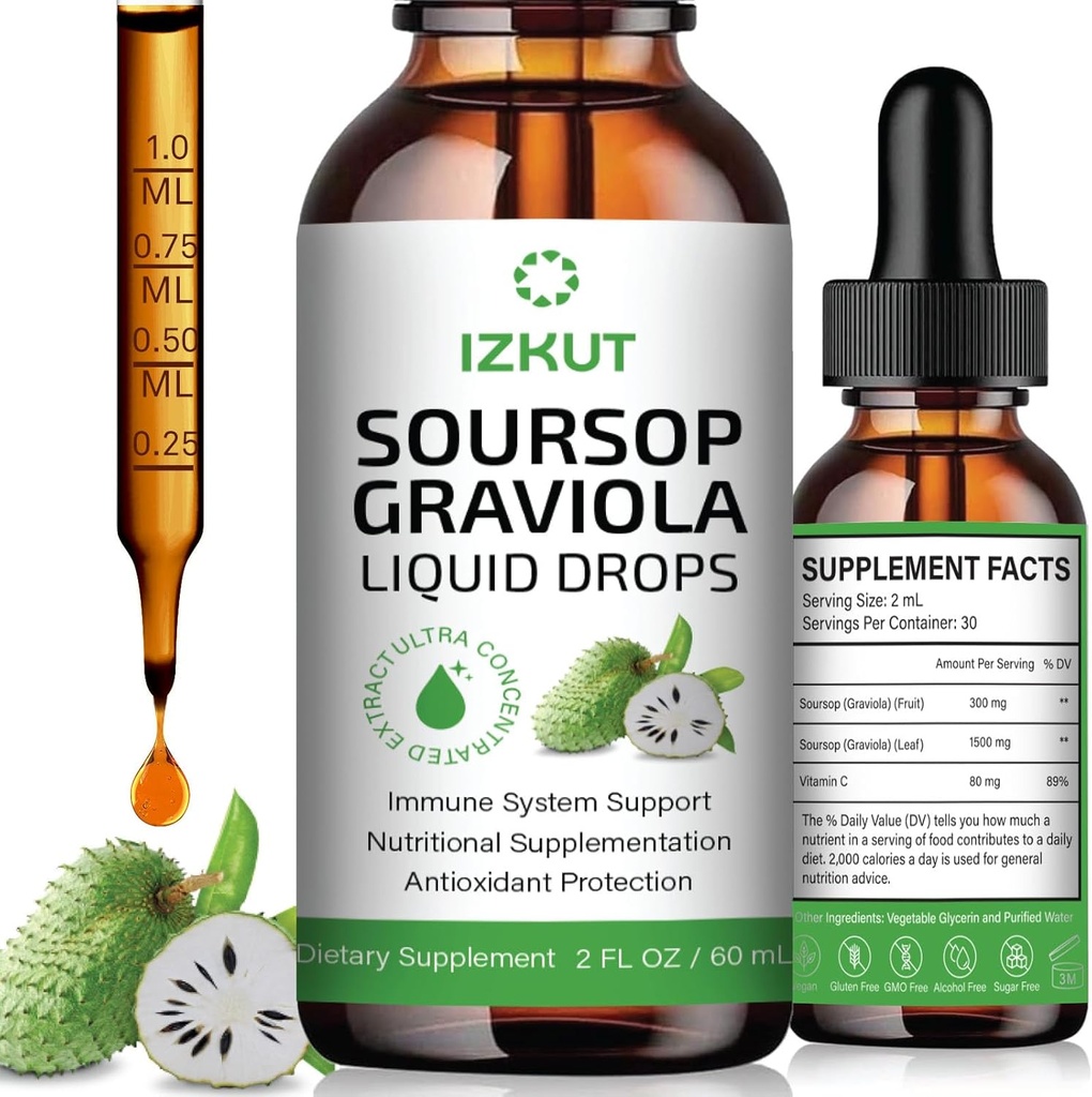Soursop Bitters Liquid Organic: Soursop Leaf & Fruit Botanical Extract - Soursop Liquid Drops for Cell Support &amp; Regeneración - Immune Support, Relax, Liver Health y Sleep Aid for Men &amp; Women
