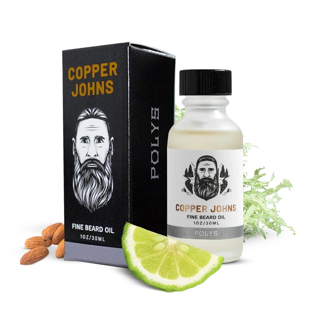 Cobre Johns Premium Beard Oil para Hombre - Fórmula Natural con Jojoba & Castor Aceite - Ligero Moisturizador de barba no irritante - Suave, Hidratos &amp; Tames Frizz - Polys-Bergamot & Cherry Almendra 1 oz