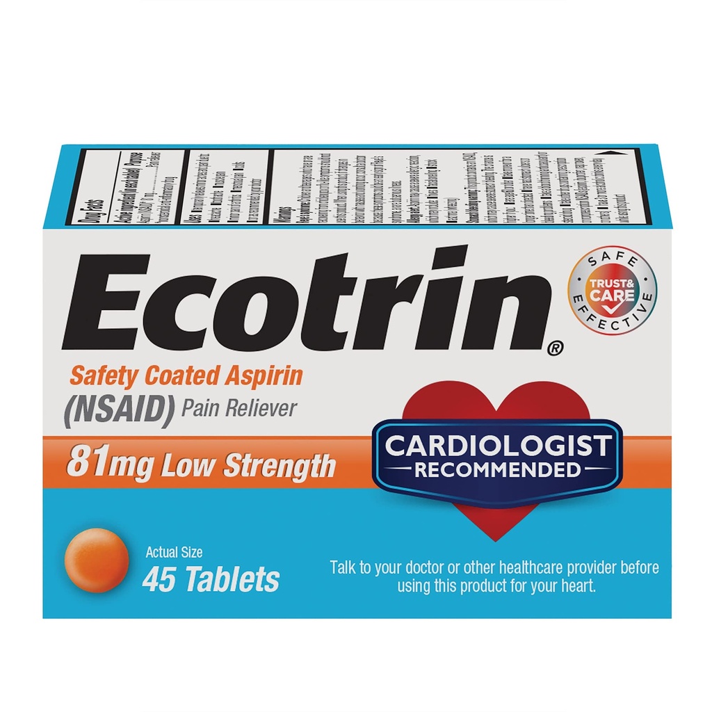 Ecotrin Low Strength Safety Coated Aspirin, NSAID 81mg, 45 cuentan (2 Pack)